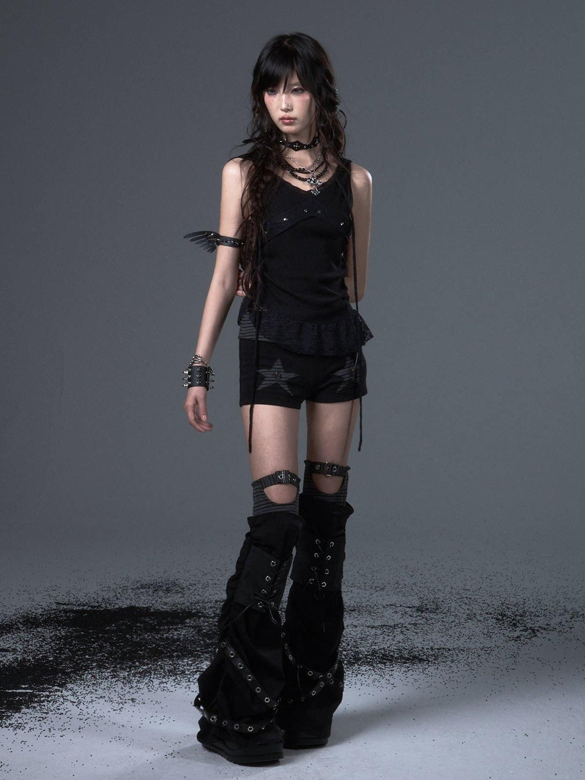 Frustration Garden Asymmetric Ruching Lace Tie Stud Slim Fit Cropped Women Black Stretch Tank Tops