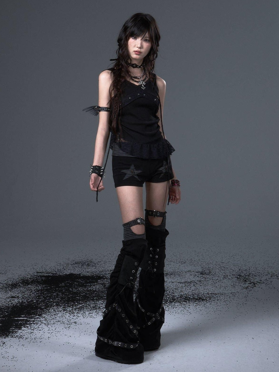 Frustration Garden Asymmetric Ruching Lace Tie Stud Slim Fit Cropped Women Black Stretch Tank Tops