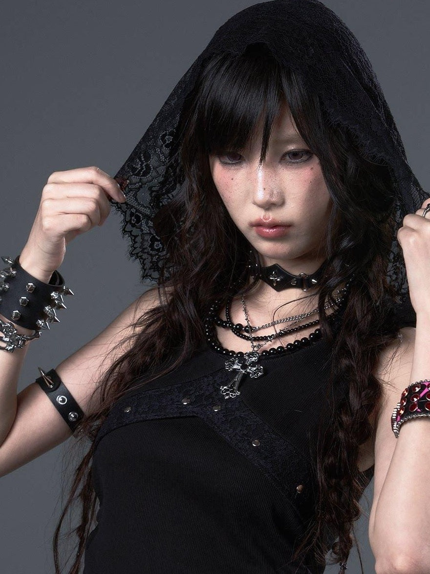 Frustration Garden Asymmetric Ruching Lace Tie Stud Slim Fit Cropped Women Black Stretch Tank Tops