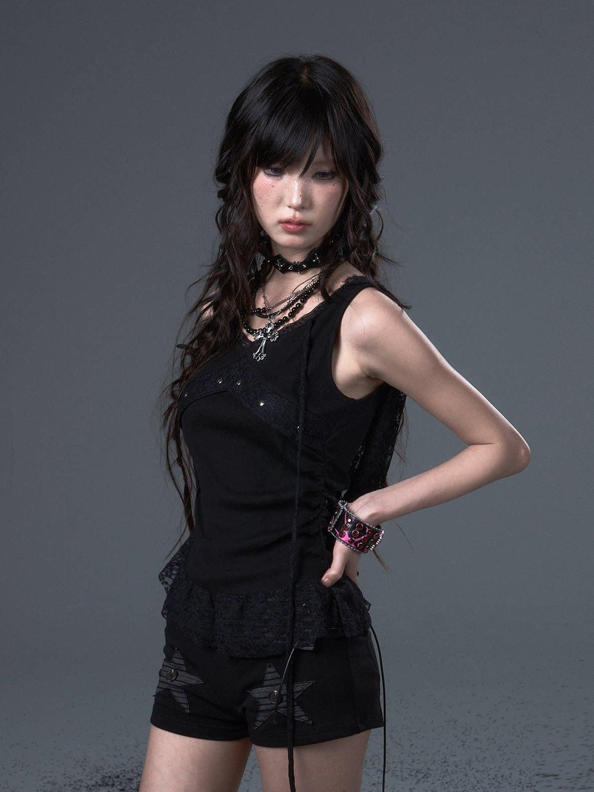 Frustration Garden Asymmetric Ruching Lace Tie Stud Slim Fit Cropped Women Black Stretch Tank Tops