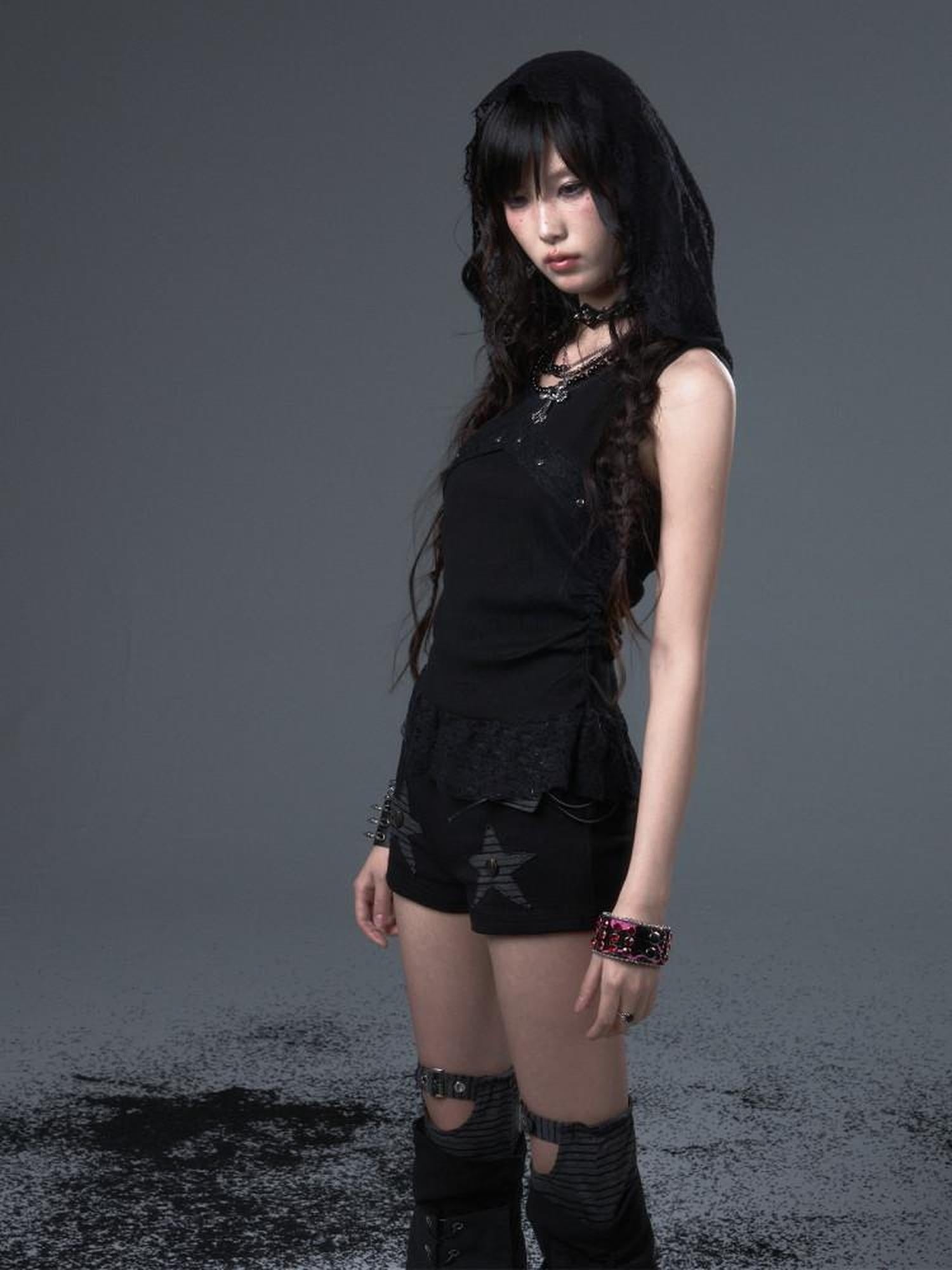 Frustration Garden Asymmetric Ruching Lace Tie Stud Slim Fit Cropped Women Black Stretch Tank Tops
