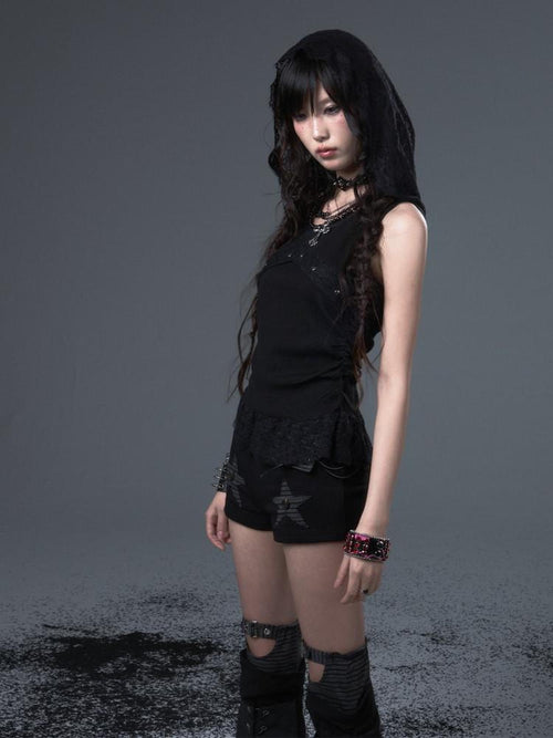 Frustration Garden Asymmetric Ruching Lace Tie Stud Slim Fit Cropped Women Black Stretch Tank Tops
