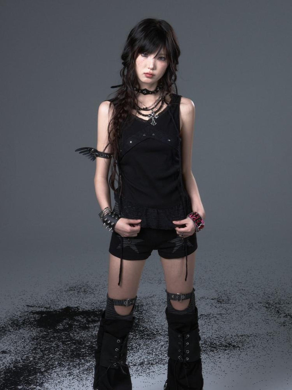Frustration Garden Asymmetric Ruching Lace Tie Stud Slim Fit Cropped Women Black Stretch Tank Tops
