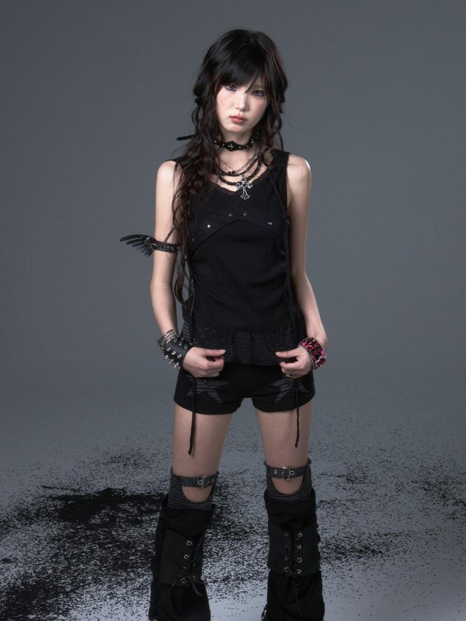 Frustration Garden Asymmetric Ruching Lace Tie Stud Slim Fit Cropped Women Black Stretch Tank Tops