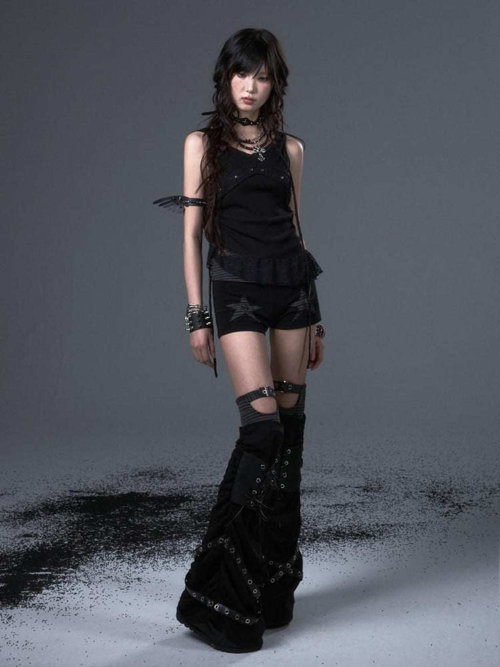 Frustration Garden Asymmetric Ruching Lace Tie Stud Slim Fit Cropped Women Black Stretch Tank Tops