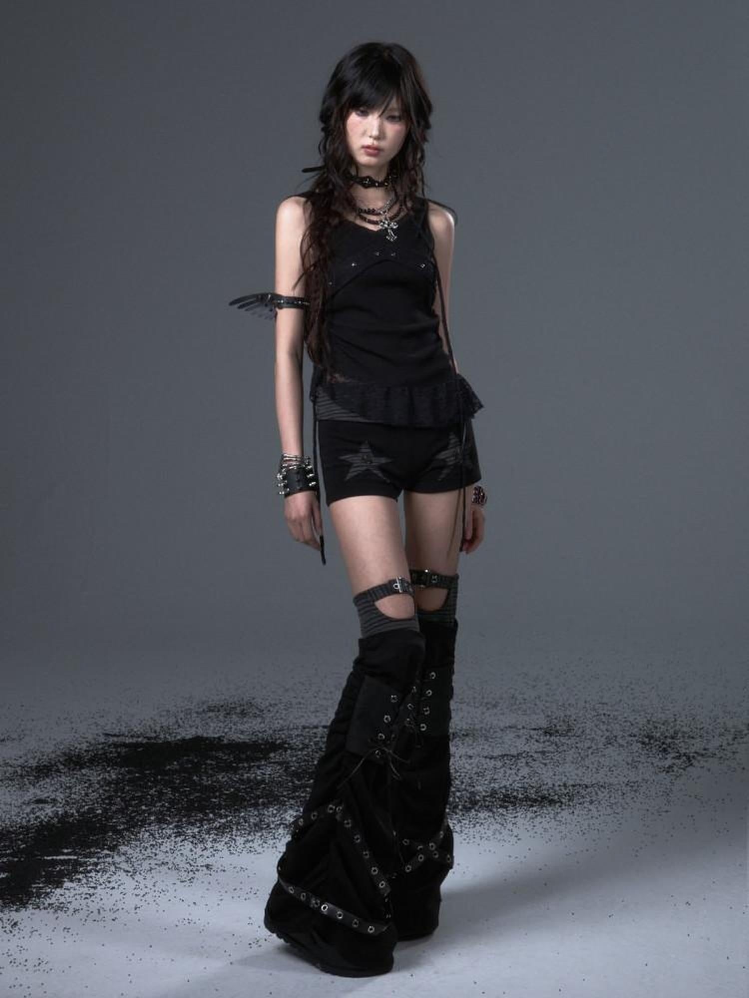 Frustration Garden Asymmetric Ruching Lace Tie Stud Slim Fit Cropped Women Black Stretch Tank Tops