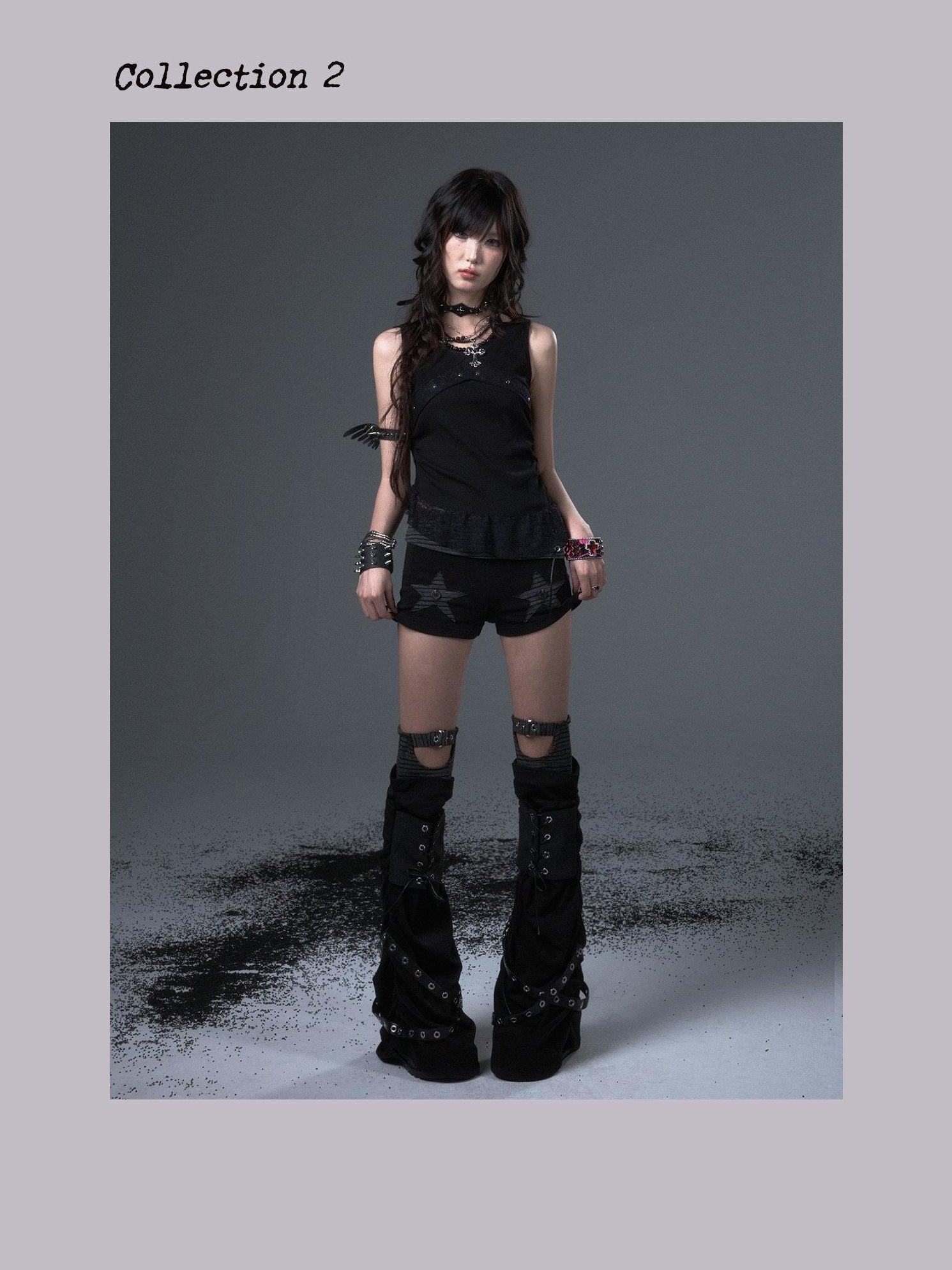 Frustration Garden Asymmetric Ruching Lace Tie Stud Slim Fit Cropped Women Black Stretch Tank Tops