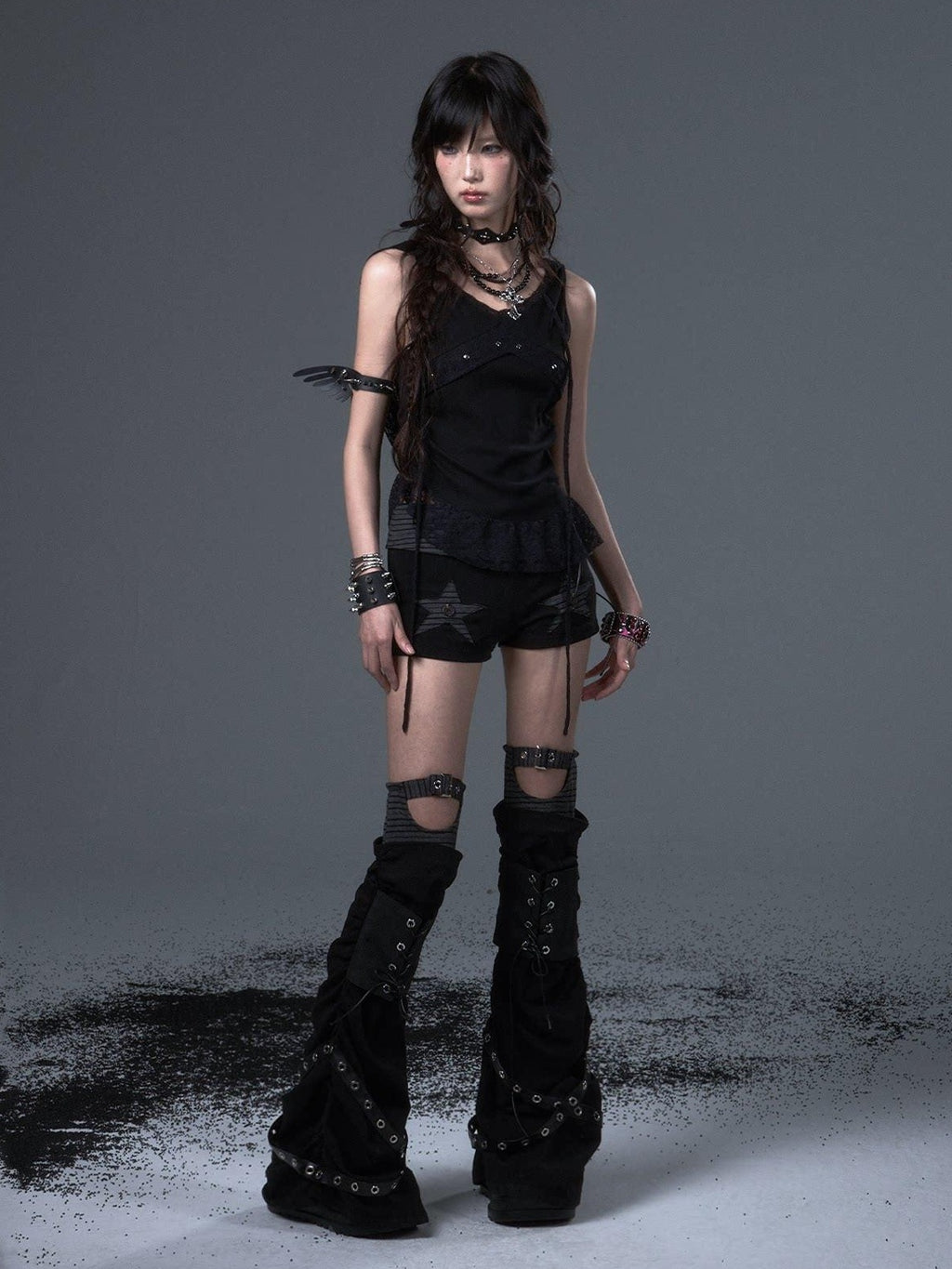 Frustration Garden Asymmetric Ruching Lace Tie Stud Slim Fit Cropped Women Black Stretch Tank Tops