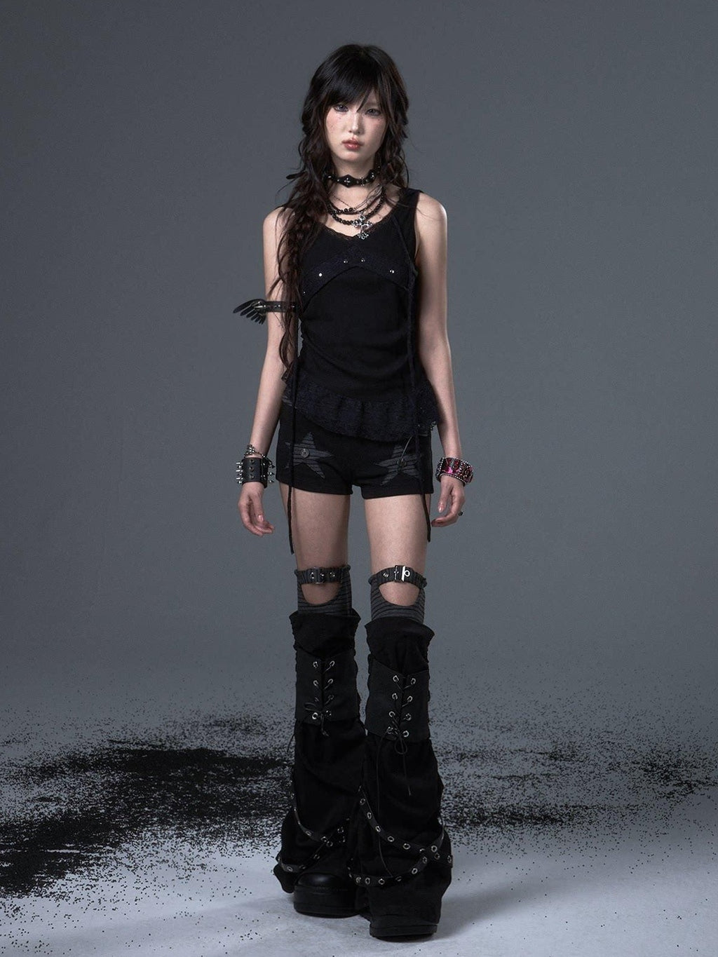 Frustration Garden Asymmetric Ruching Lace Tie Stud Slim Fit Cropped Women Black Stretch Tank Tops