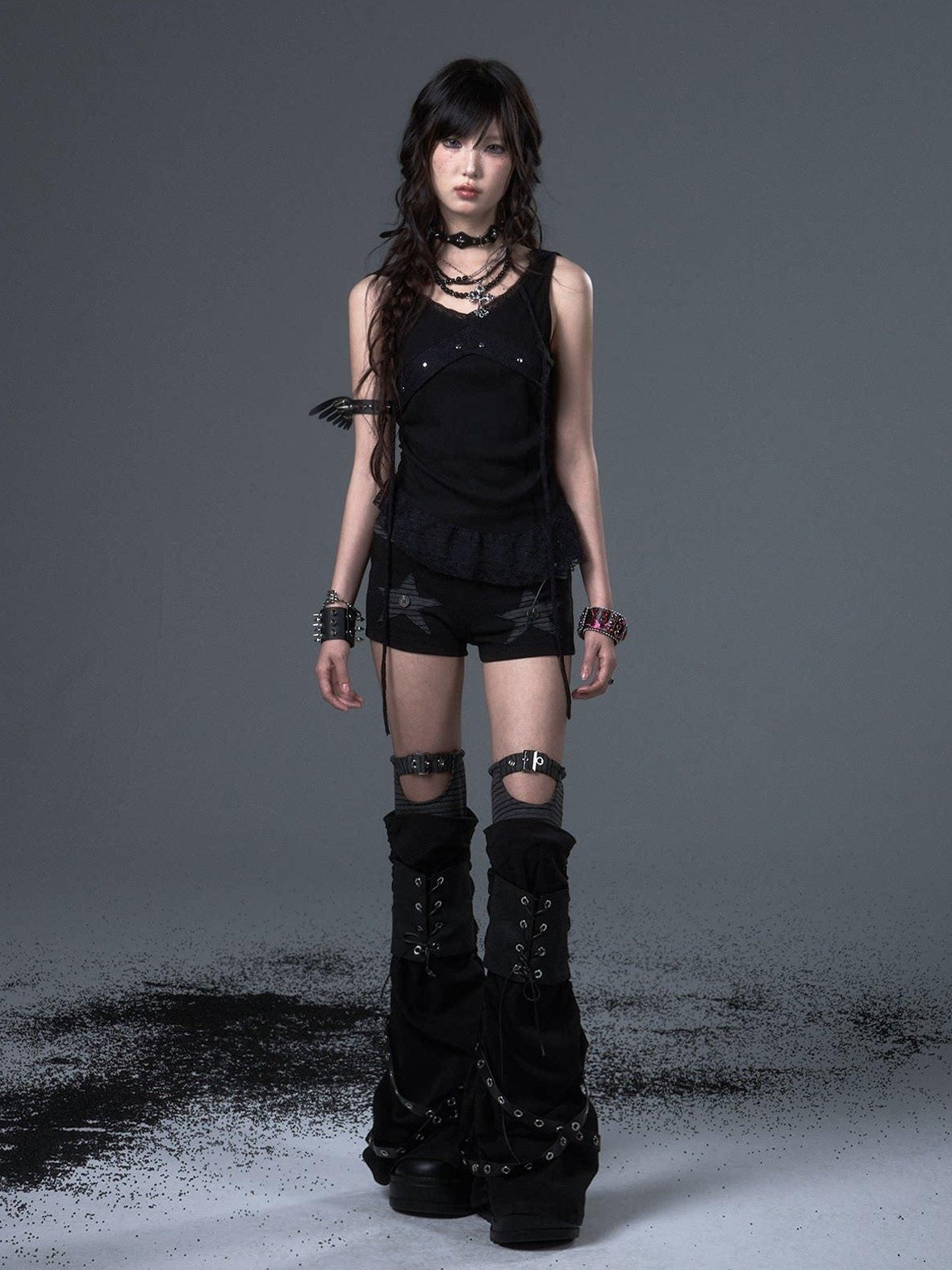 Frustration Garden Asymmetric Ruching Lace Tie Stud Slim Fit Cropped Women Black Stretch Tank Tops