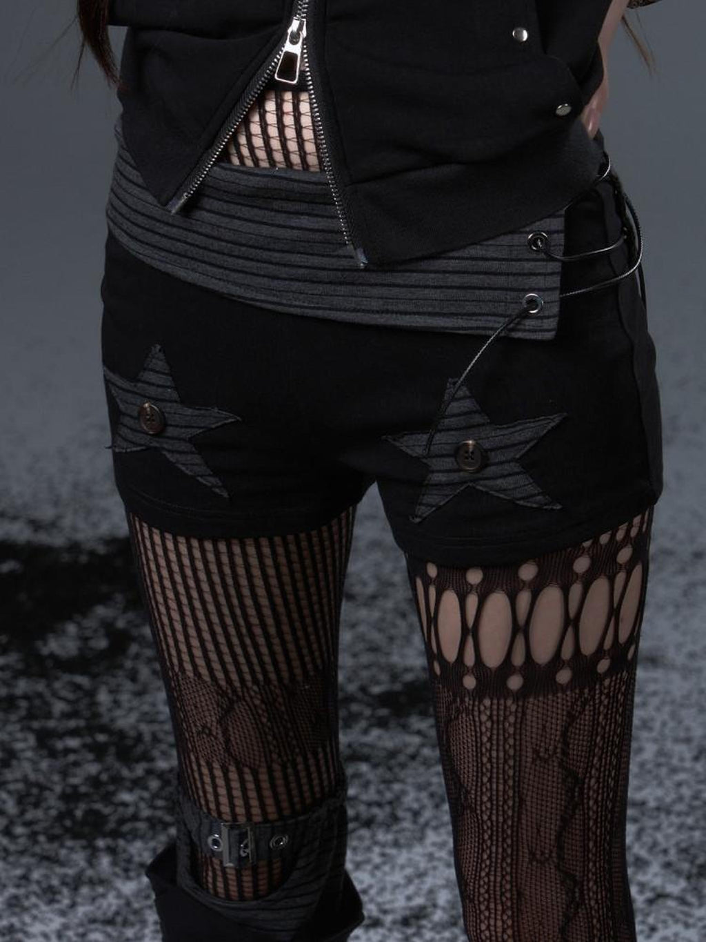 Frustration Garden Asymmetric Striped Patchwork Slim Low Rise Women Black Grey Short Trousers