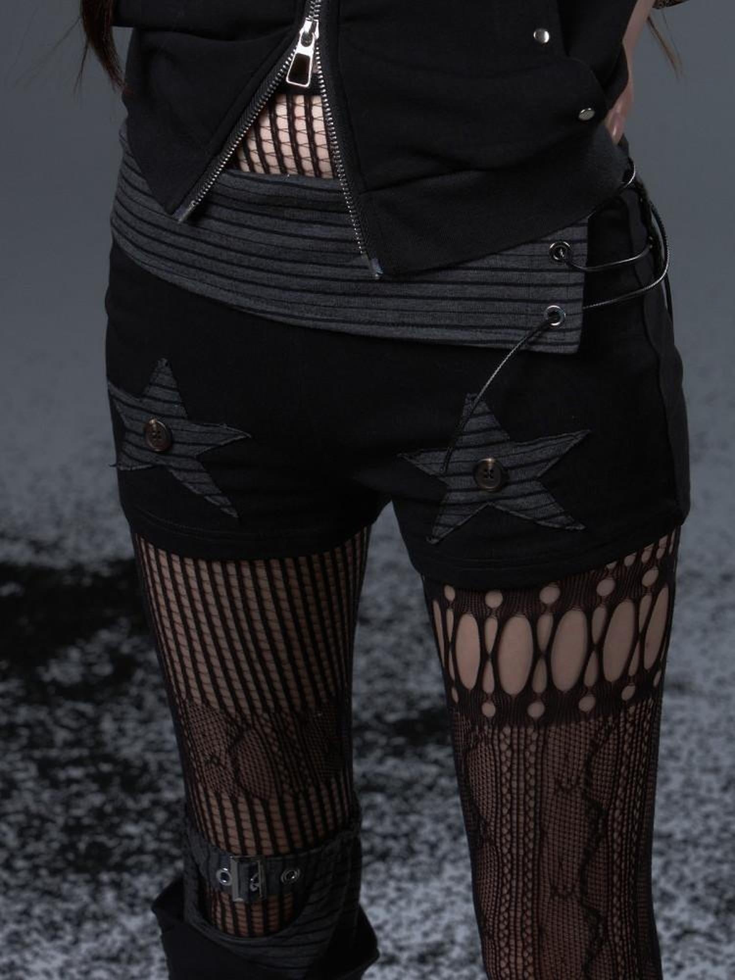 Frustration Garden Asymmetric Striped Patchwork Slim Low Rise Women Black Grey Short Trousers