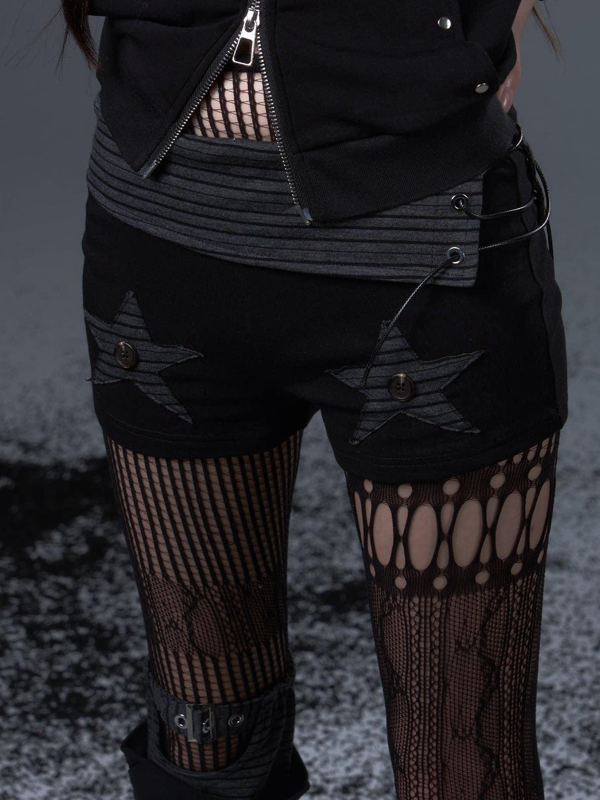 Frustration Garden Asymmetric Striped Patchwork Slim Low Rise Women Black Grey Short Trousers