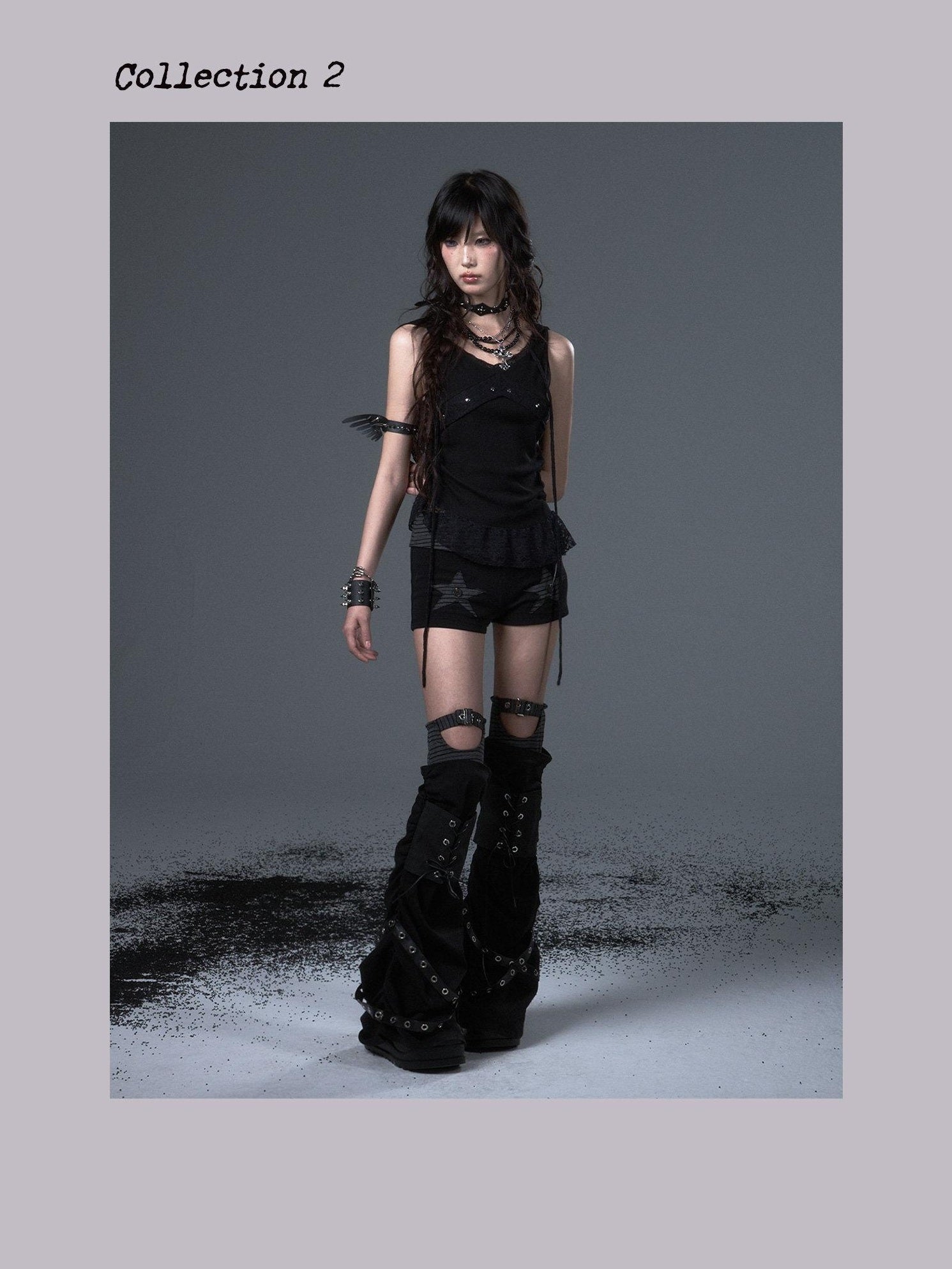 Frustration Garden Asymmetric Striped Patchwork Slim Low Rise Women Black Grey Short Trousers