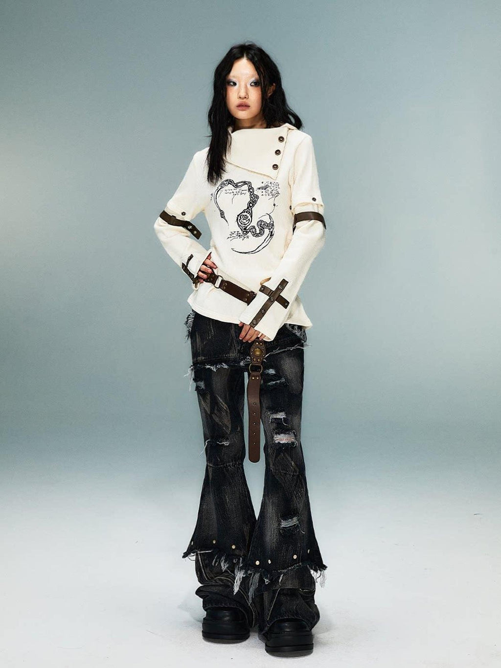 Frustration Garden Asymmetrical 3D Print Bell Sleeve Slim Punk Street Women Long Sleeve T-Shirts
