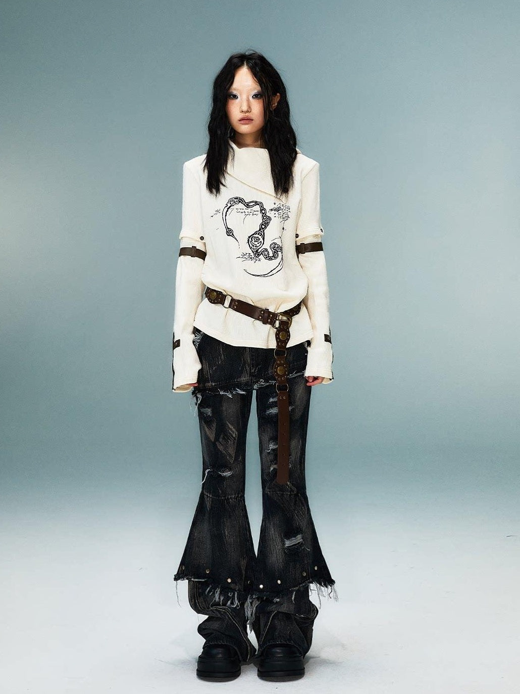 Frustration Garden Asymmetrical 3D Print Bell Sleeve Slim Punk Street Women Long Sleeve T-Shirts