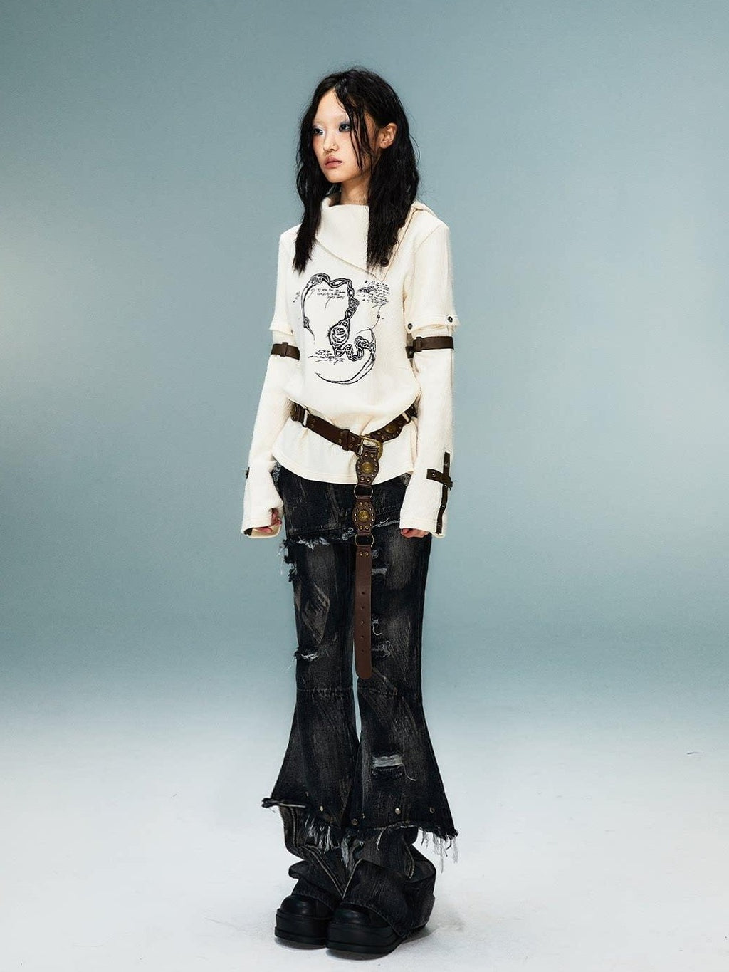 Frustration Garden Asymmetrical 3D Print Bell Sleeve Slim Punk Street Women Long Sleeve T-Shirts