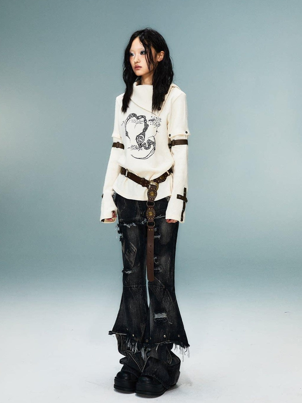 Frustration Garden Asymmetrical 3D Print Bell Sleeve Slim Punk Street Women Long Sleeve T-Shirts
