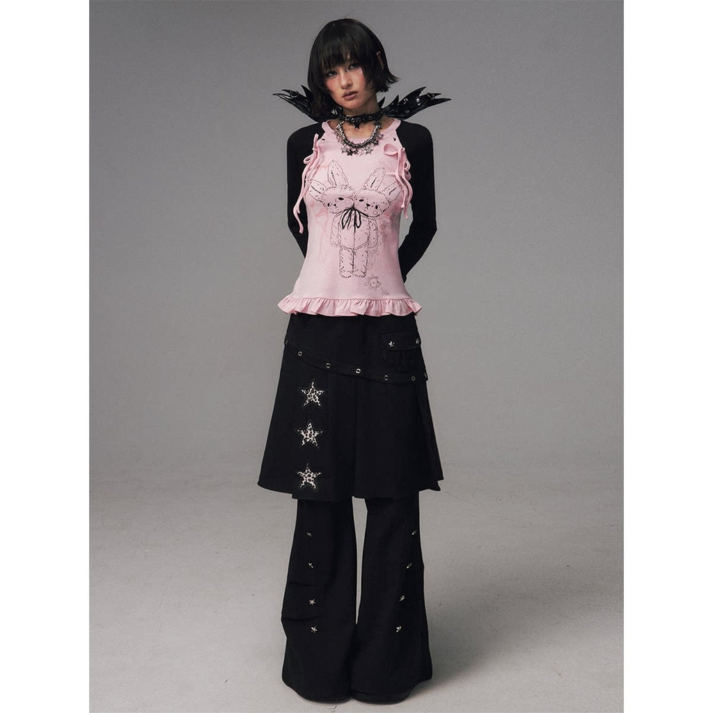 Frustration_Garden_Asymmetrical_Star_Metal_Detail_Faux_Two_Piece_Natural_Waist_Black_Women_Skorts_MISSTT