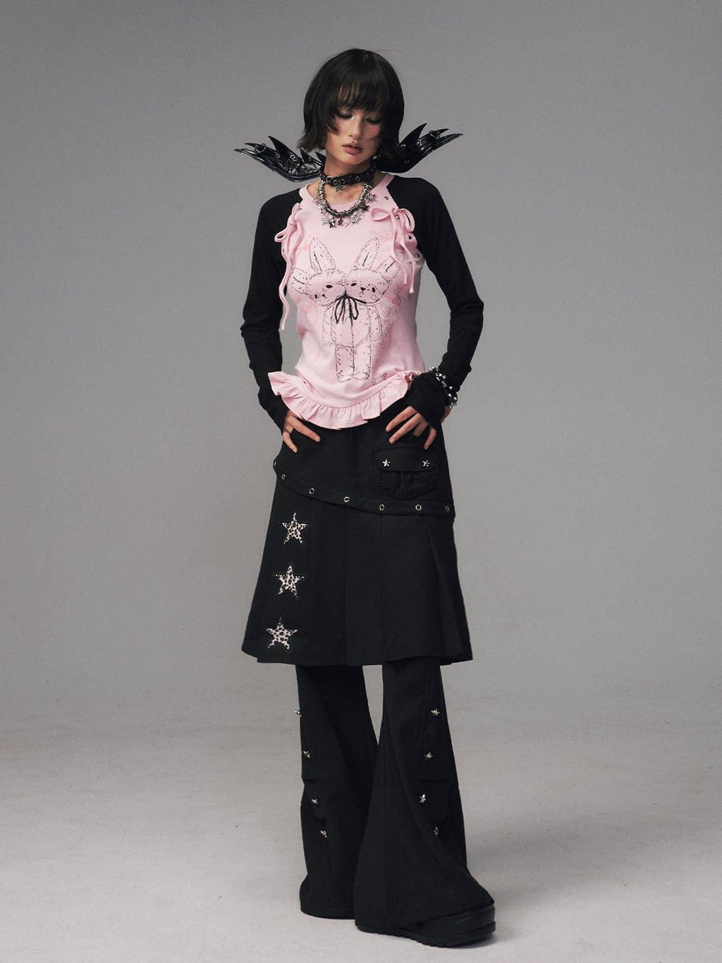 Frustration Garden Asymmetrical Star Metal Detail Faux Two Piece Natural Waist Black Women Skorts