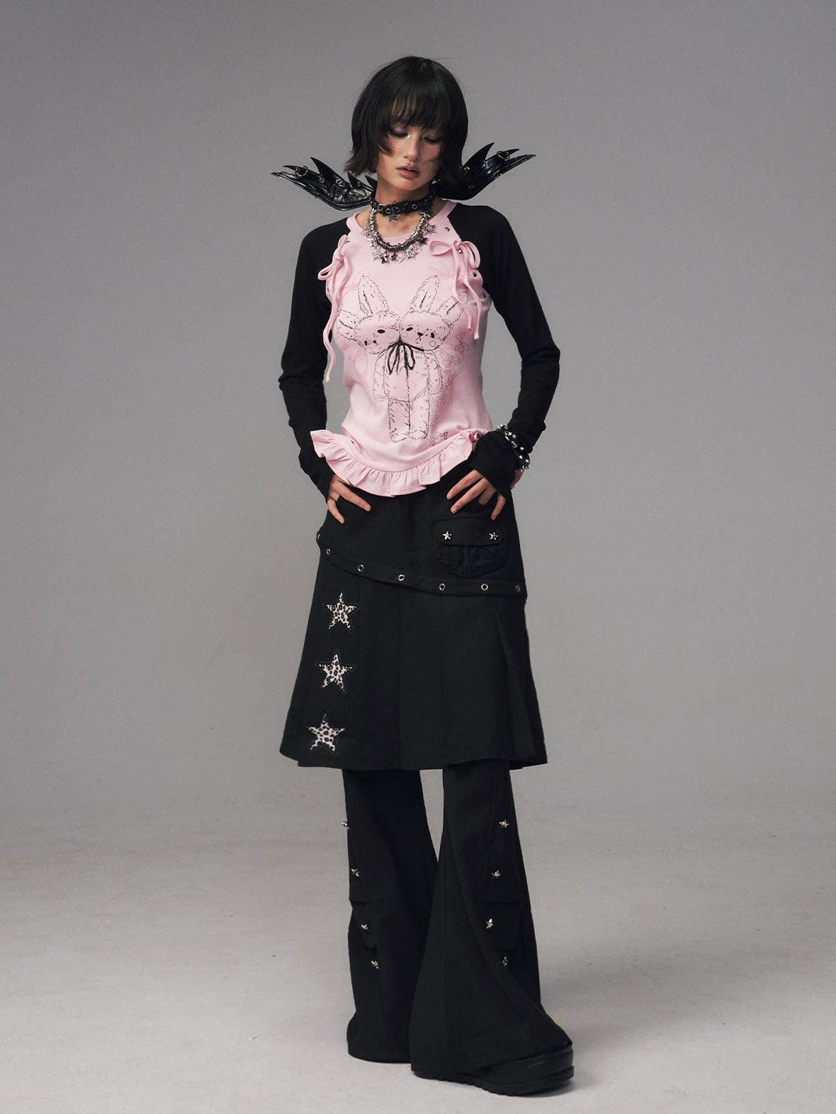Frustration Garden Asymmetrical Star Metal Detail Faux Two Piece Natural Waist Black Women Skorts