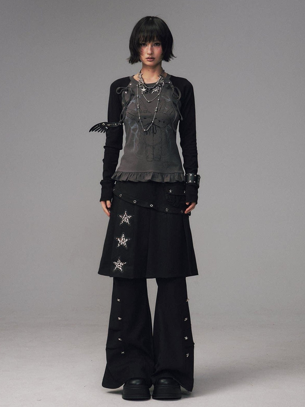 Frustration Garden Asymmetrical Star Metal Detail Faux Two Piece Natural Waist Black Women Skorts