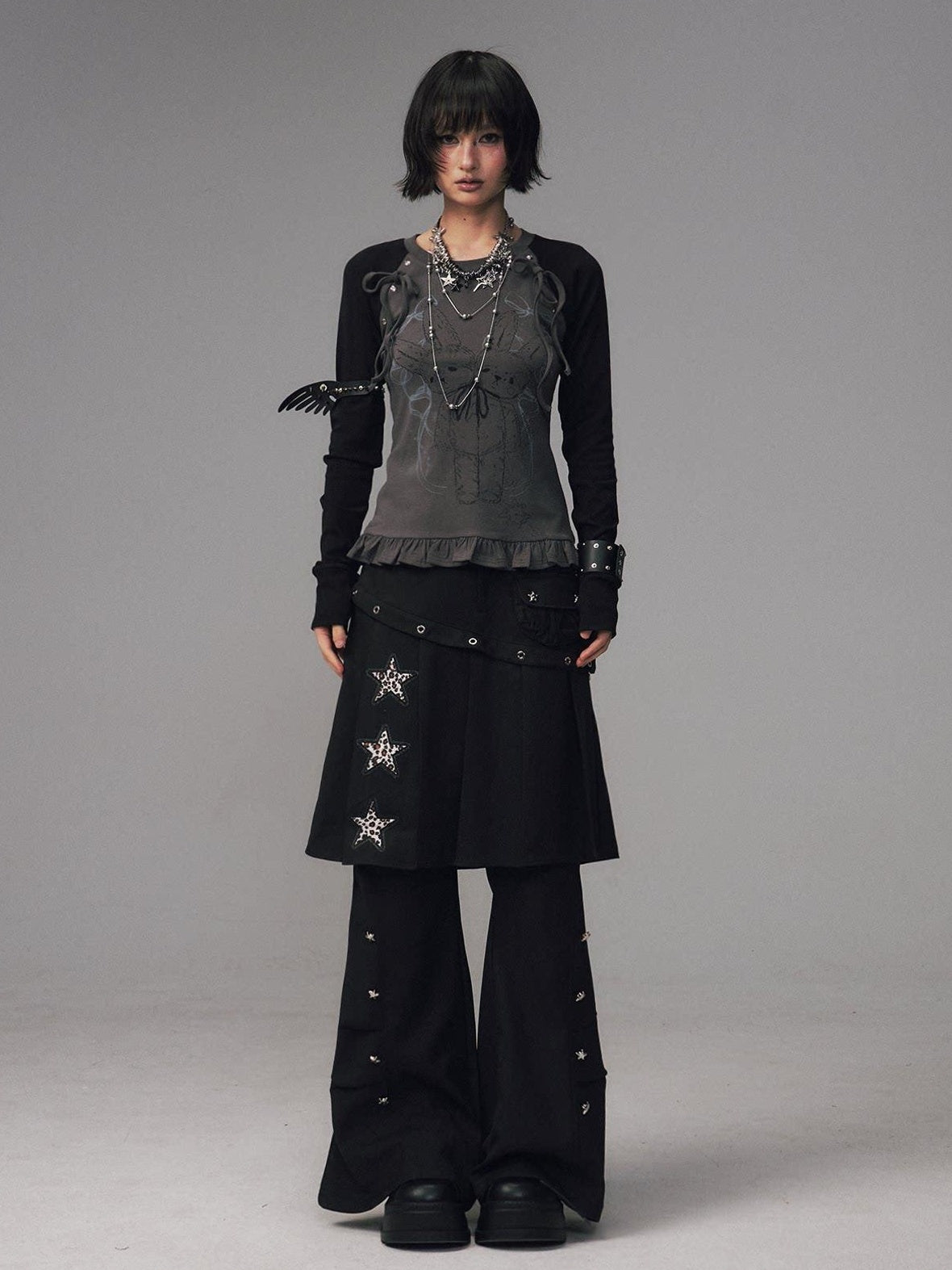 Frustration Garden Asymmetrical Star Metal Detail Faux Two Piece Natural Waist Black Women Skorts