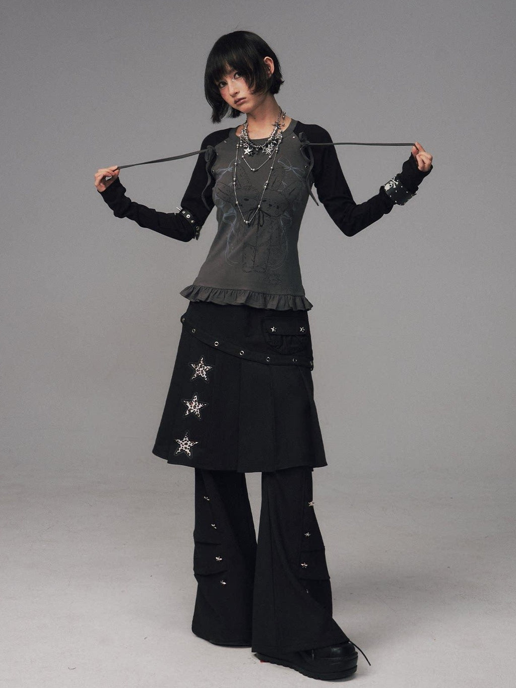 Frustration Garden Asymmetrical Star Metal Detail Faux Two Piece Natural Waist Black Women Skorts