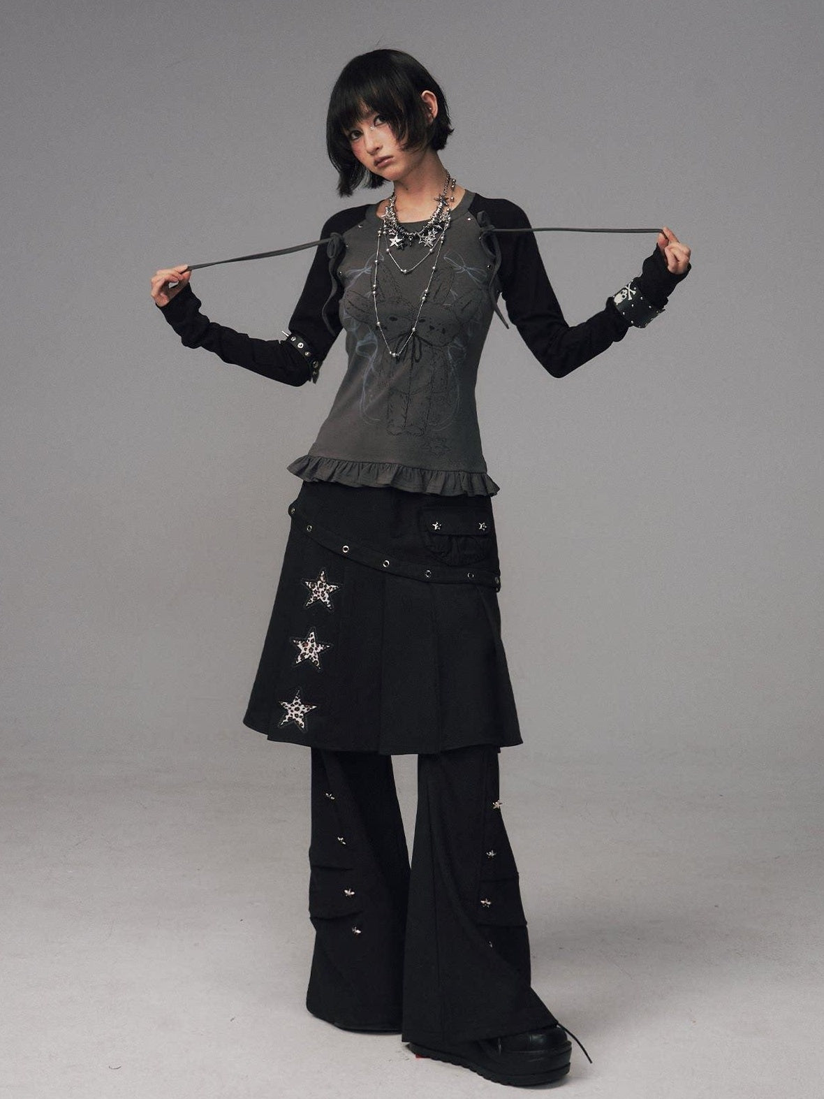 Frustration Garden Asymmetrical Star Metal Detail Faux Two Piece Natural Waist Black Women Skorts