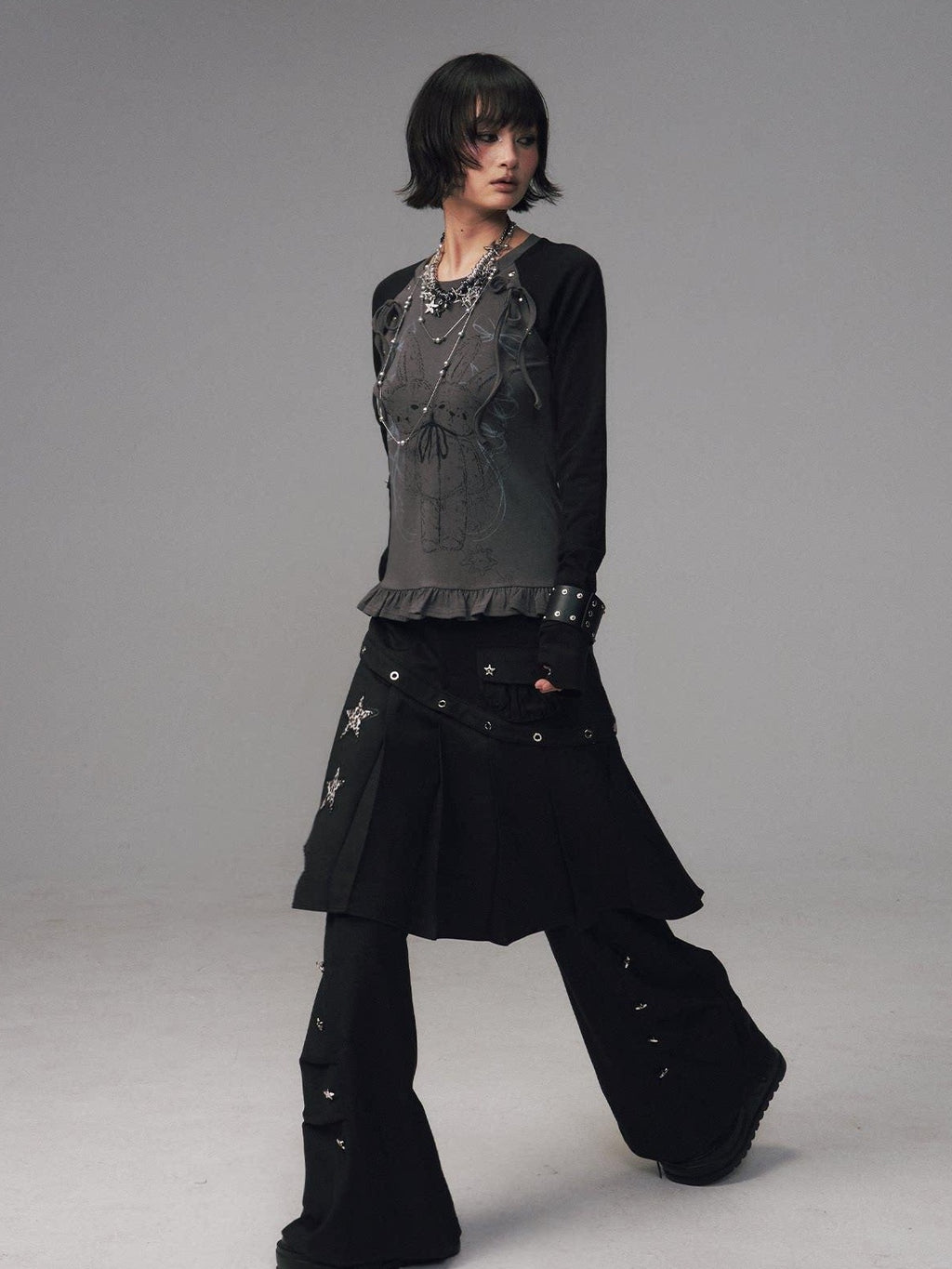 Frustration Garden Asymmetrical Star Metal Detail Faux Two Piece Natural Waist Black Women Skorts