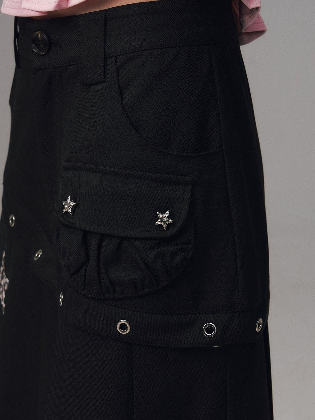 Frustration Garden Asymmetrical Star Metal Detail Faux Two Piece Natural Waist Black Women Skorts