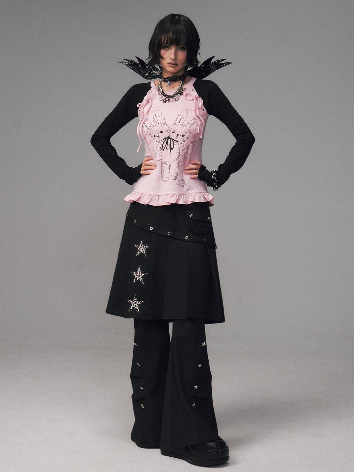 Frustration Garden Asymmetrical Star Metal Detail Faux Two Piece Natural Waist Black Women Skorts