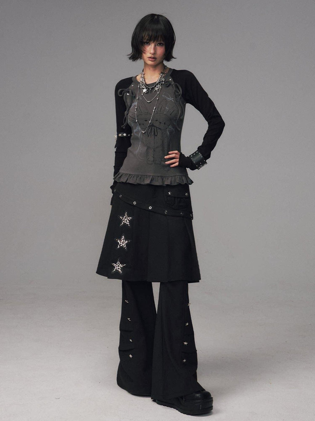 Frustration Garden Asymmetrical Star Metal Detail Faux Two Piece Natural Waist Black Women Skorts