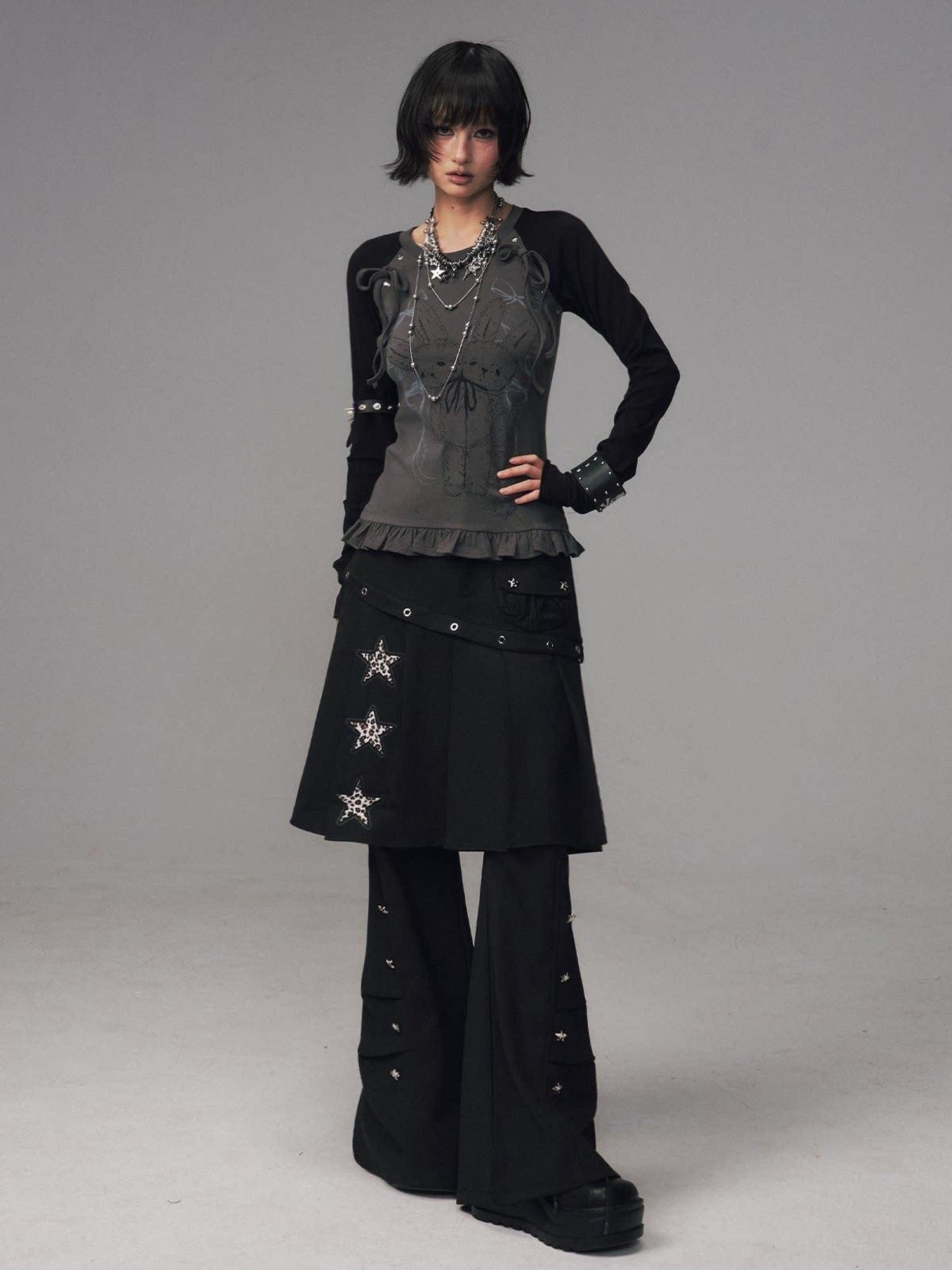 Frustration Garden Asymmetrical Star Metal Detail Faux Two Piece Natural Waist Black Women Skorts