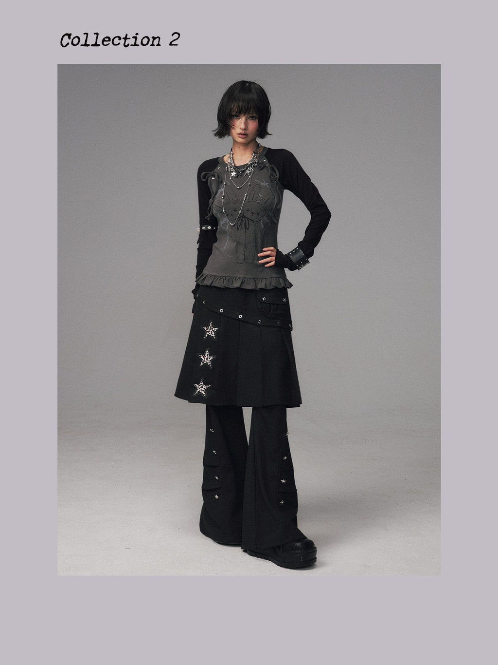 Frustration Garden Asymmetrical Star Metal Detail Faux Two Piece Natural Waist Black Women Skorts
