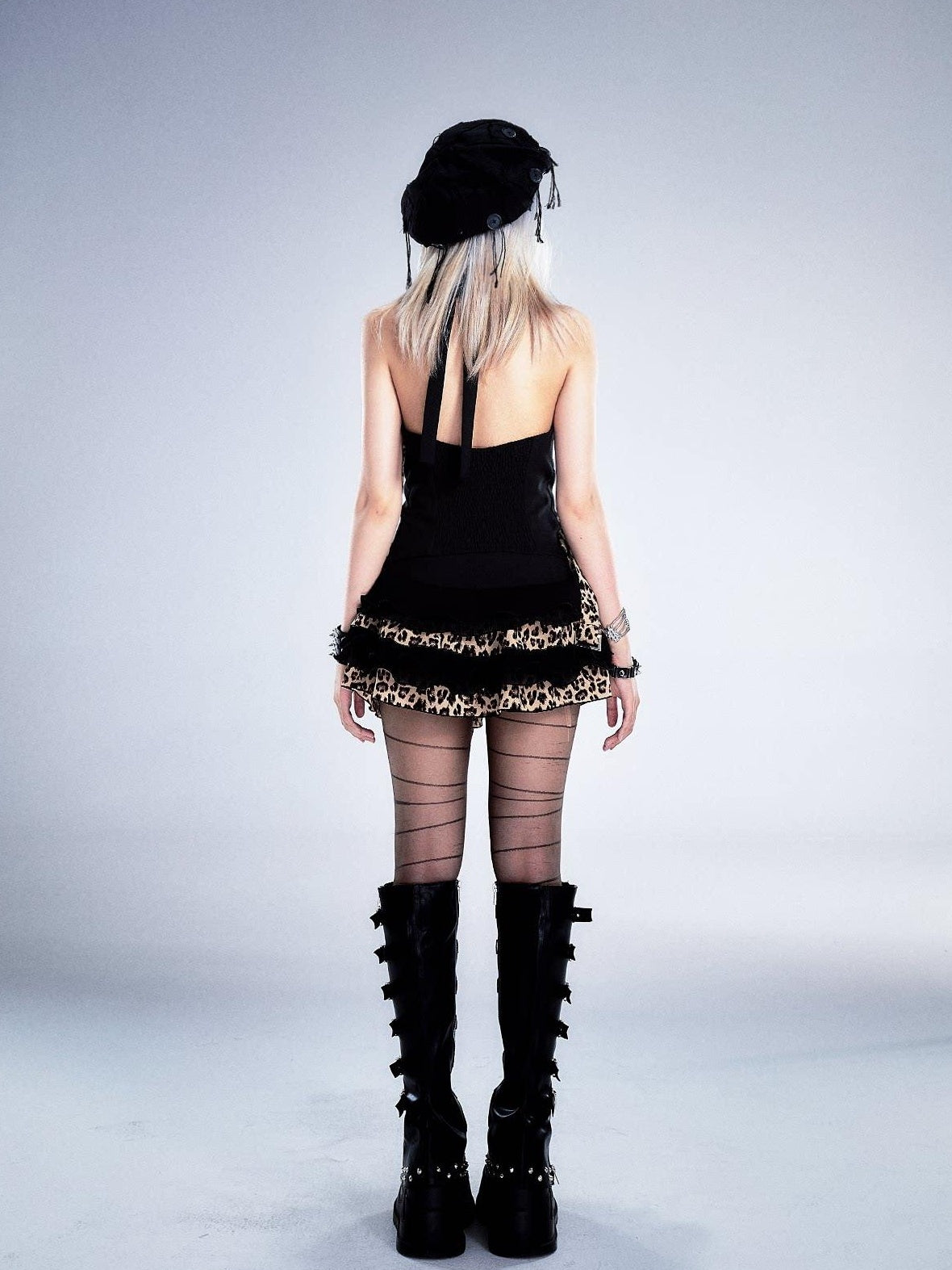 Frustration Garden Backless Asymmetric Patchwork Halter Slim Fit Black Animal Print Tank Tops
