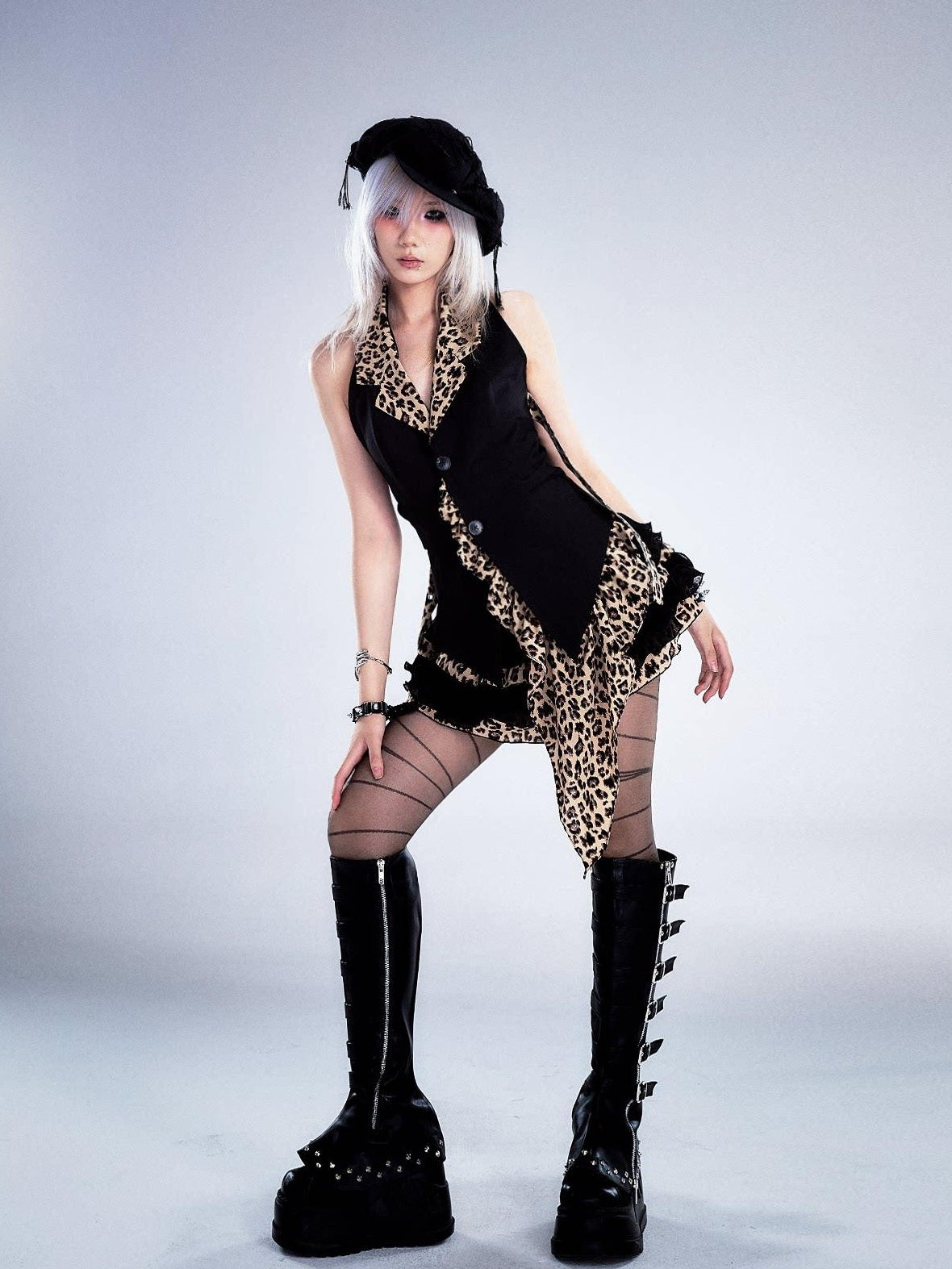 Frustration Garden Backless Asymmetric Patchwork Halter Slim Fit Black Animal Print Tank Tops