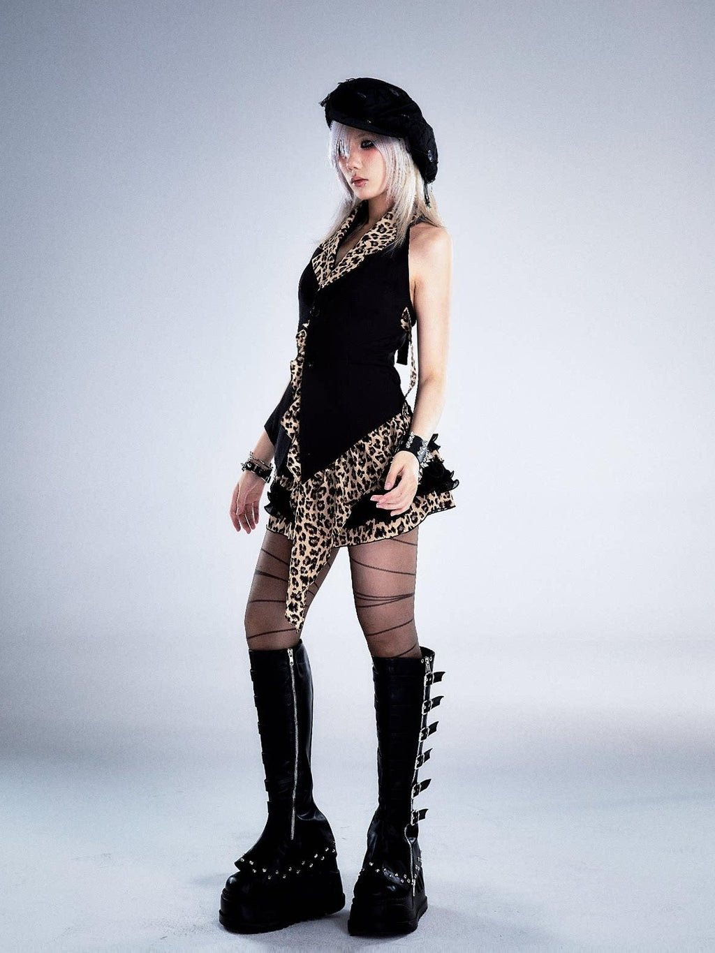 Frustration Garden Backless Asymmetric Patchwork Halter Slim Fit Black Animal Print Tank Tops