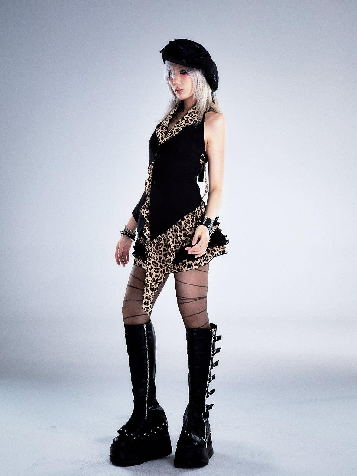 Frustration Garden Backless Asymmetric Patchwork Halter Slim Fit Black Animal Print Tank Tops
