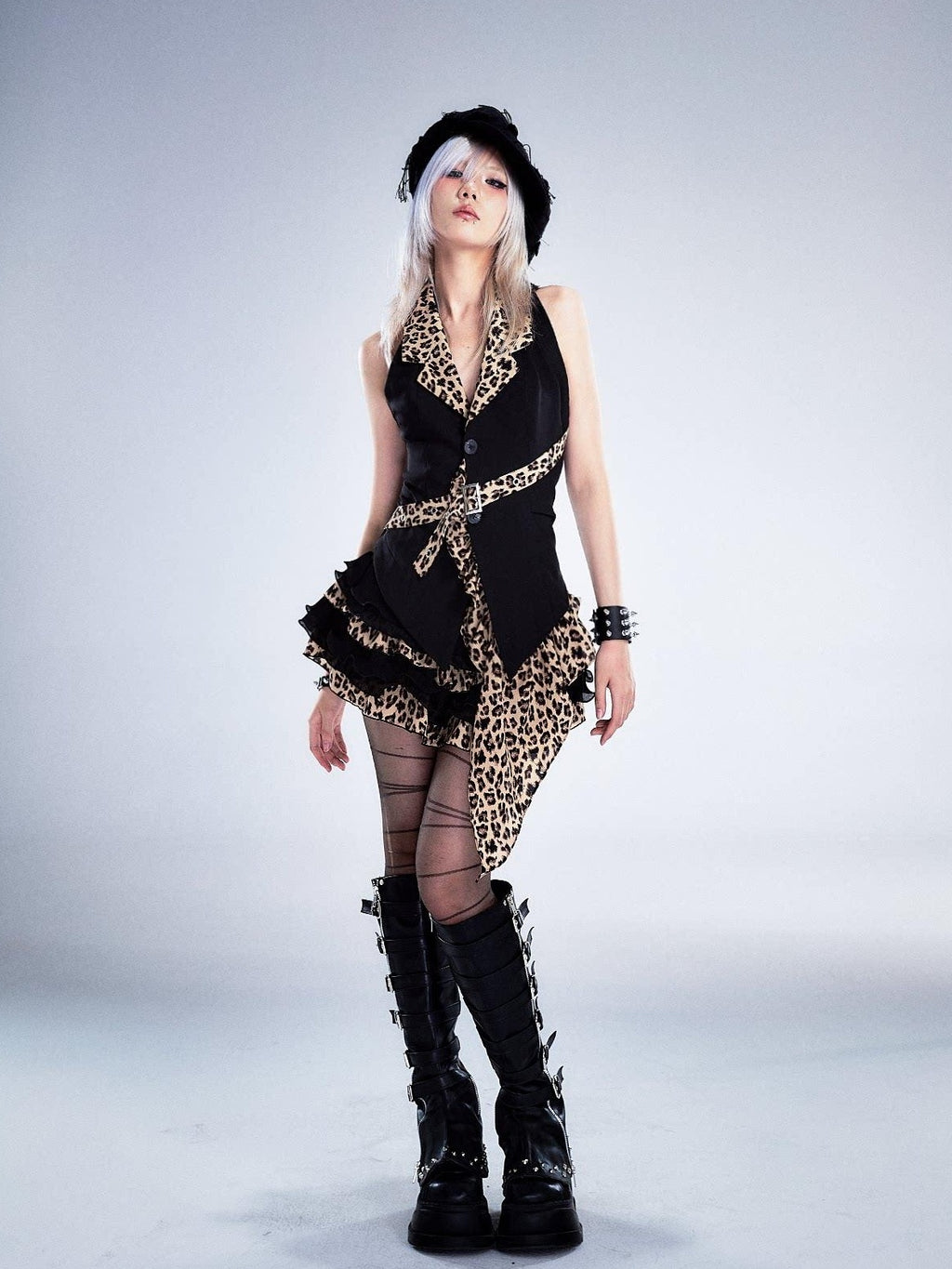 Frustration Garden Backless Asymmetric Patchwork Halter Slim Fit Black Animal Print Tank Tops