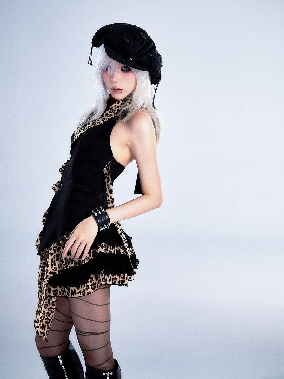 Frustration Garden Backless Asymmetric Patchwork Halter Slim Fit Black Animal Print Tank Tops