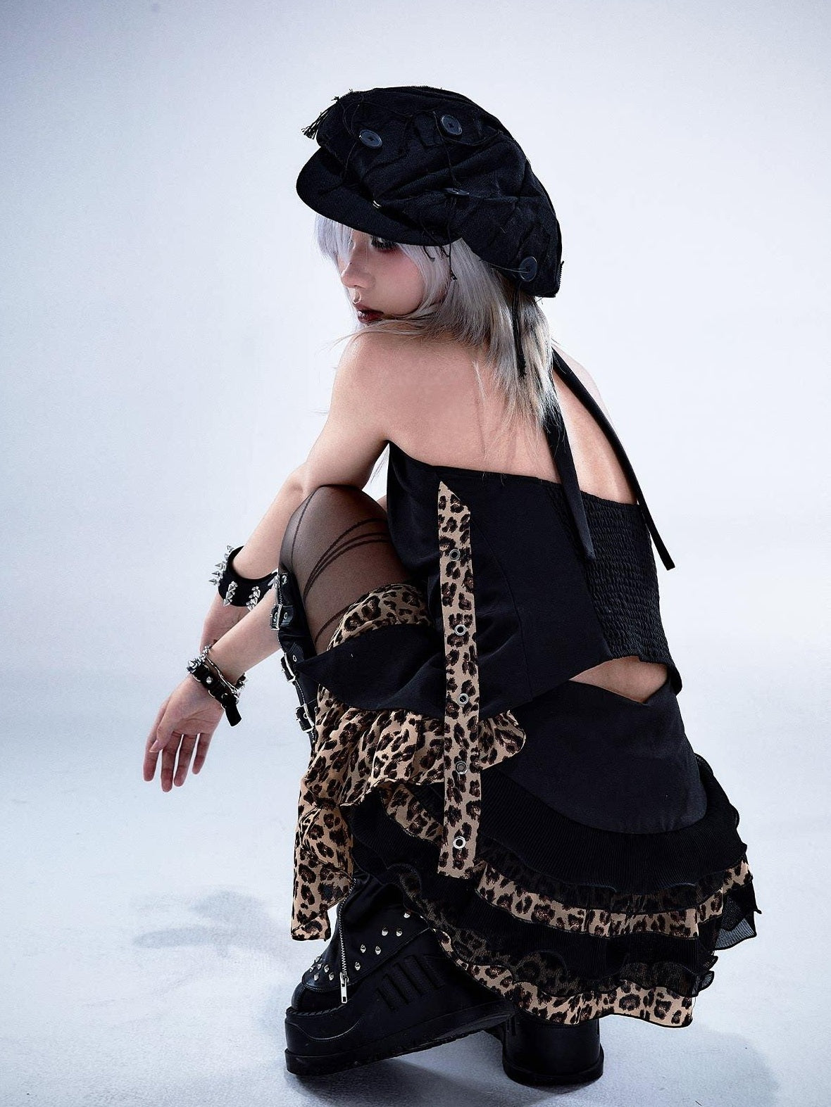 Frustration Garden Backless Asymmetric Patchwork Halter Slim Fit Black Animal Print Tank Tops