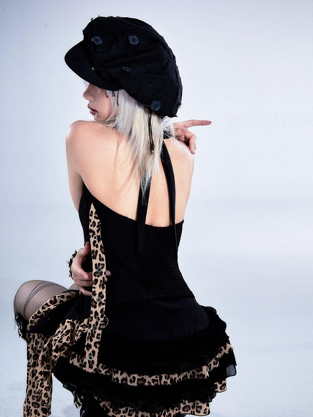 Frustration Garden Backless Asymmetric Patchwork Halter Slim Fit Black Animal Print Tank Tops