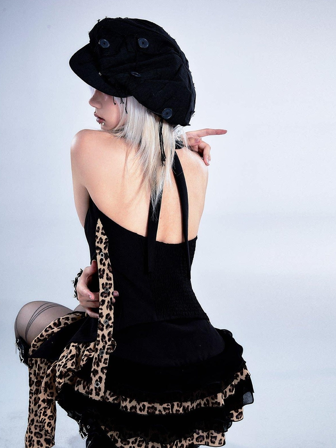 Frustration Garden Backless Asymmetric Patchwork Halter Slim Fit Black Animal Print Tank Tops