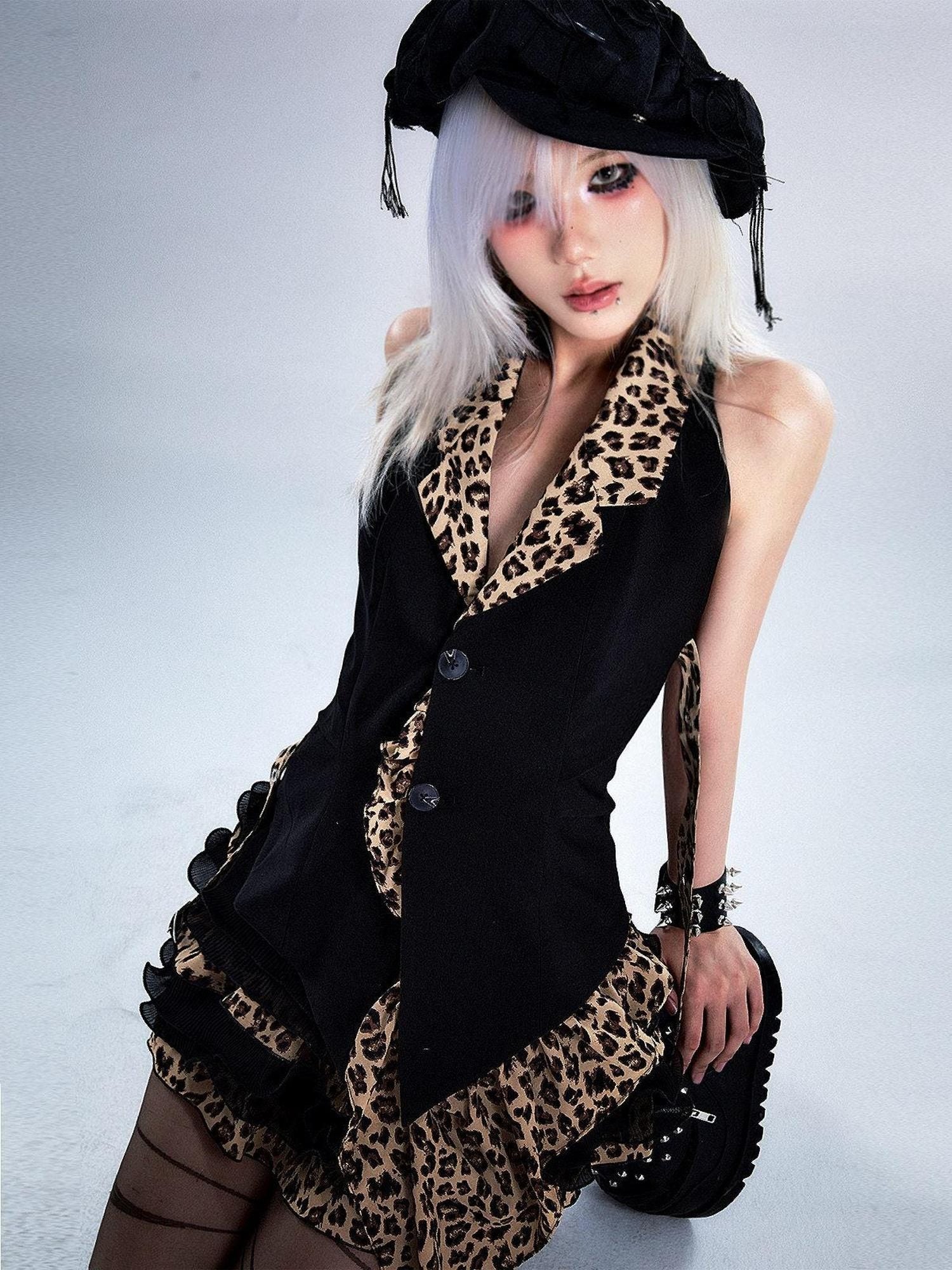 Frustration Garden Backless Asymmetric Patchwork Halter Slim Fit Black Animal Print Tank Tops