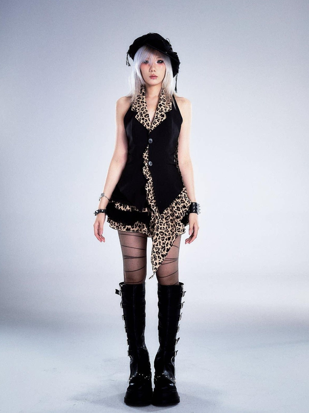 Frustration Garden Backless Asymmetric Patchwork Halter Slim Fit Black Animal Print Tank Tops