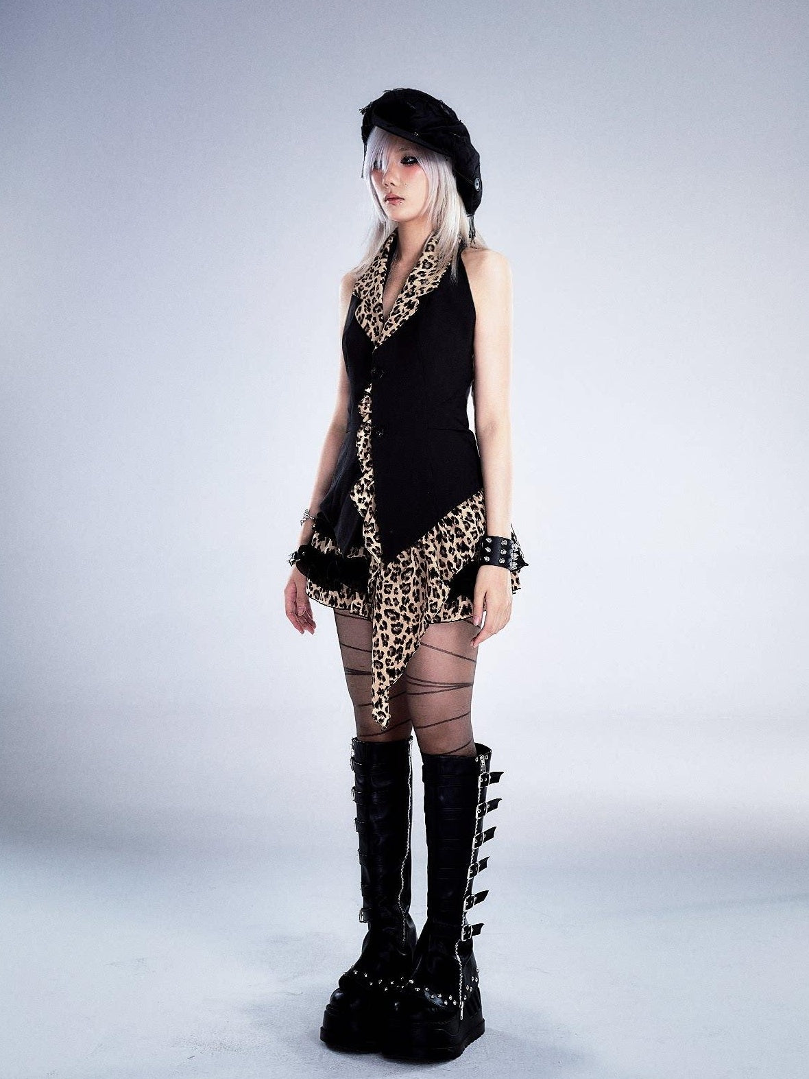 Frustration Garden Backless Asymmetric Patchwork Halter Slim Fit Black Animal Print Tank Tops