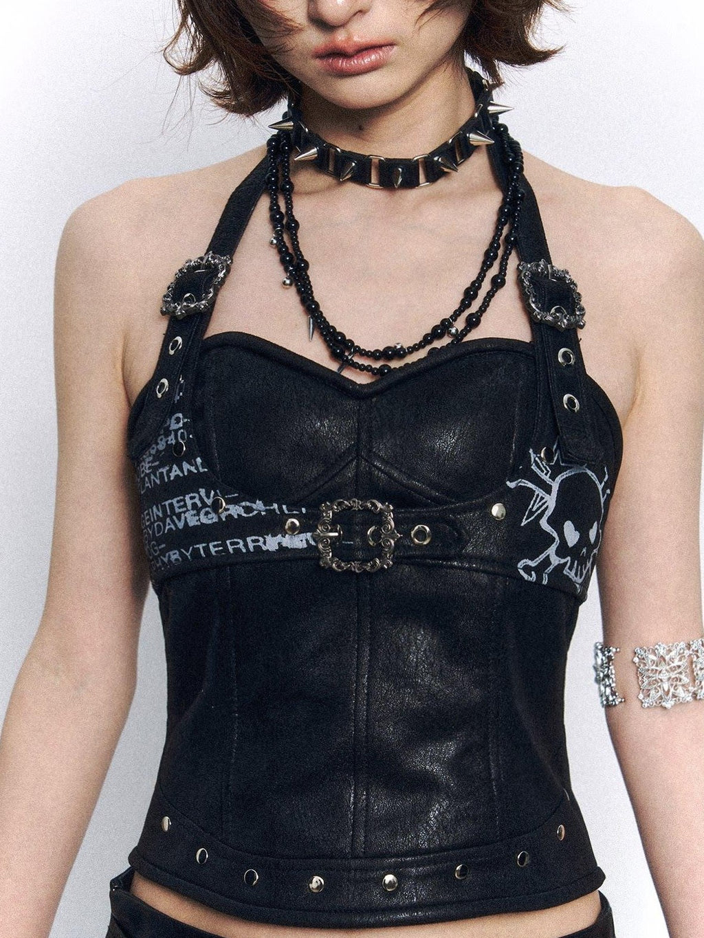 Frustration Garden Backless Halter Slim Fit Suede Skull Print Zipper Studded Padded Camisoles