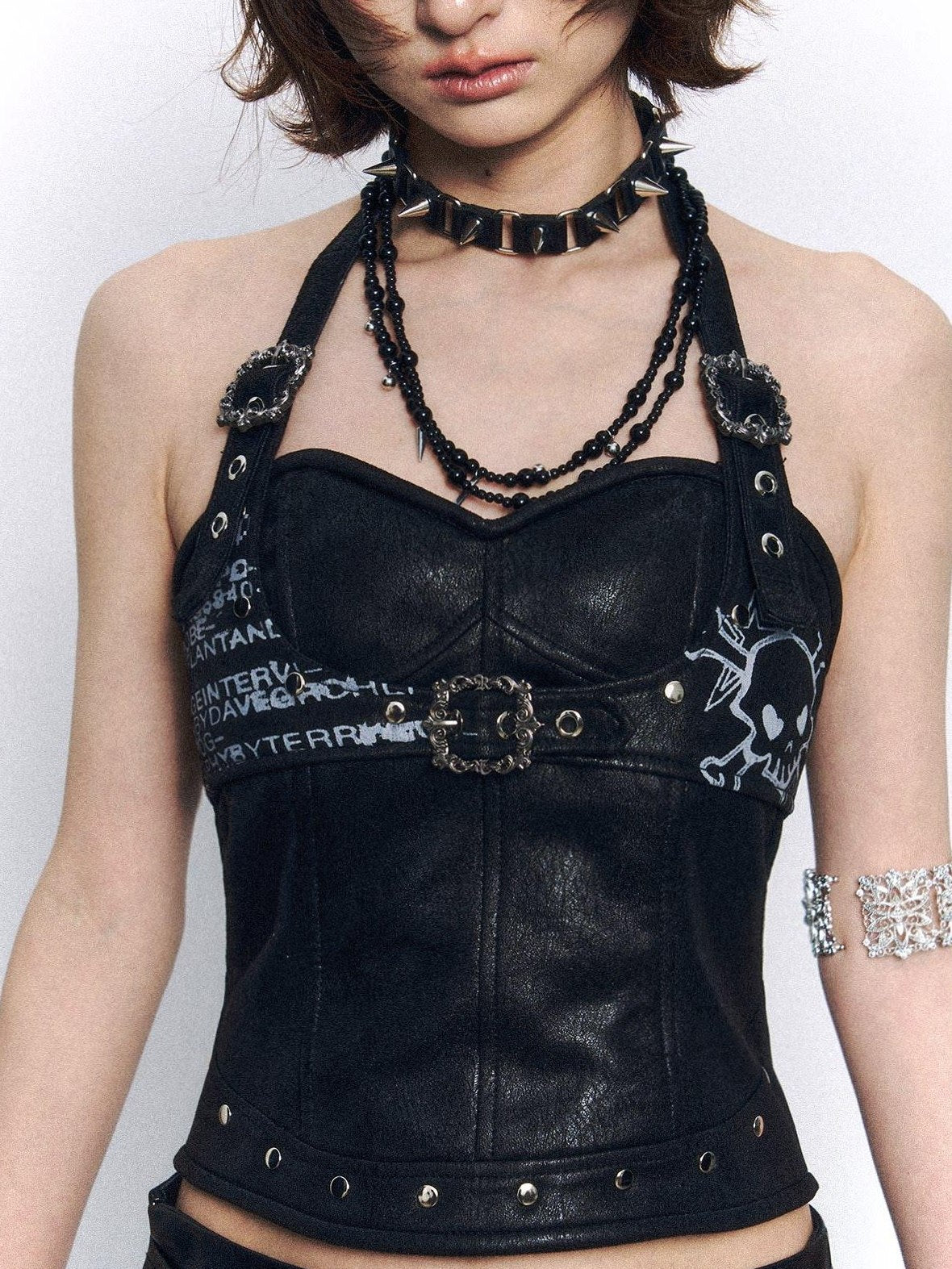 Frustration Garden Backless Halter Slim Fit Suede Skull Print Zipper Studded Padded Camisoles