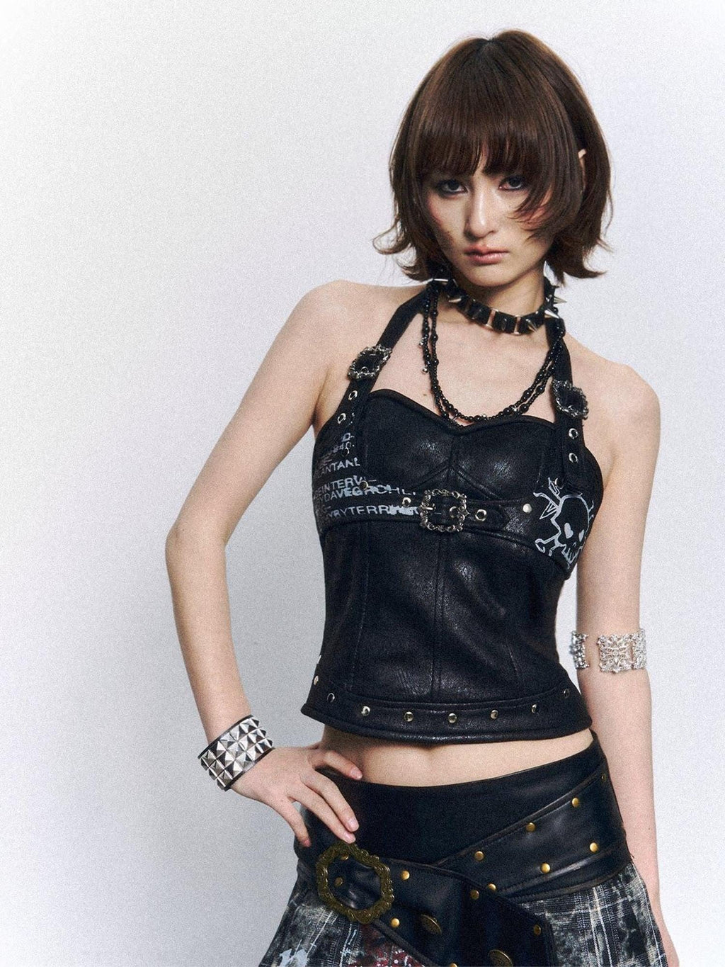 Frustration Garden Backless Halter Slim Fit Suede Skull Print Zipper Studded Padded Camisoles